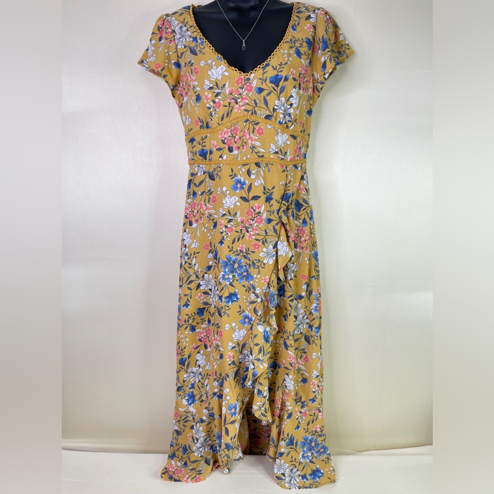 City Studio Yellow Floral Ruffle V-Neck Faux Wrap Maxi Dress Size 5 Juniors